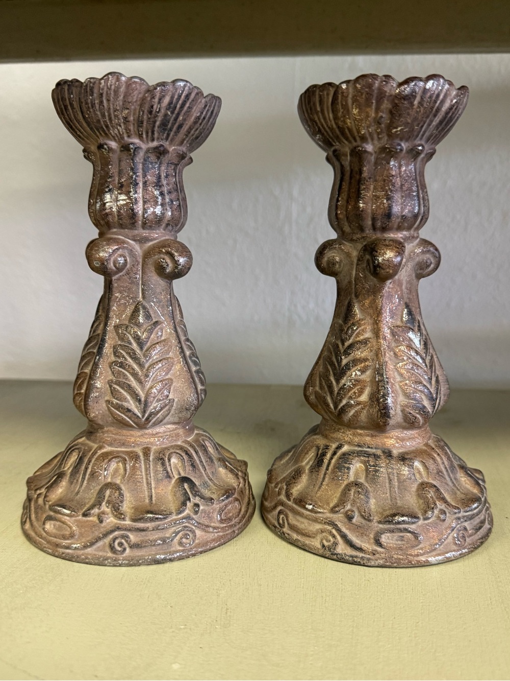 Ornate Metallic Brown Decorative Candlestick Pair - Home Accents